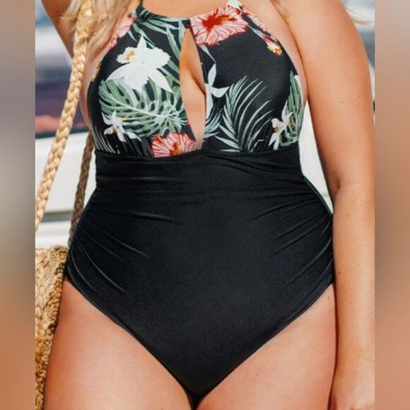 Cupshe tropical runched halter plus size one piece swimsuit size 0X - Picture 1 of 3